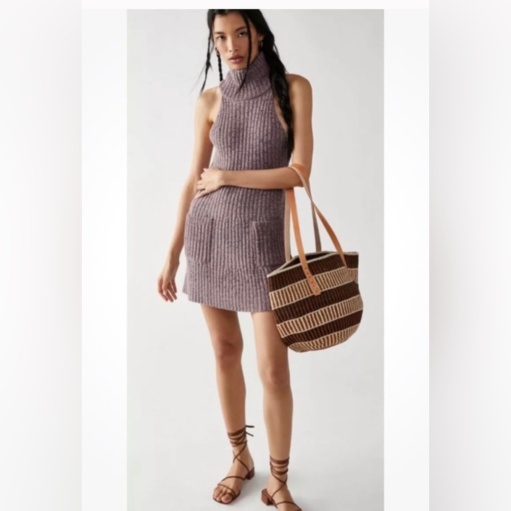FREE PEOPLE Dress Claude Turtleneck Mini Sleeveless Purple Brandy Wine Ribbed